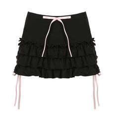 LIZAKOSHT - Women's Bow Decor Frill Trim Tiered Layer Skirt, Solid Color Drop Waist Mini Skirt, Ladies Summer Bottoms for Party Club Dating Harajuku Style Black Ruffled Bottoms, Harajuku Ruffled Mini Skirt For Party, Black Harajuku Mini Skirt For Party, Harajuku Style Fitted Party Bottoms, Black Harajuku Mini Bottoms, Harajuku Style Ruffled Mini Skirt For Summer, Black Harajuku Style Mini Bottoms, Harajuku Style Black Mini Bottoms, Harajuku Style Ruffled Skirt Bottoms