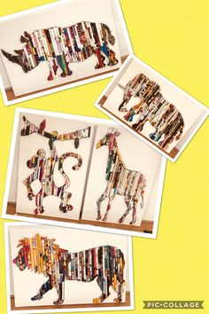 three pictures of different animals made out of books on a yellow background with the words piccolllage written below them