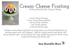 the recipe for cream cheese frosting is displayed on a cake platter with flowers