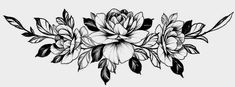 a black and white drawing of flowers with leaves on the bottom half of each flower