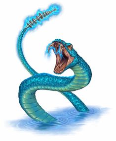 a blue snake with its mouth open in the water