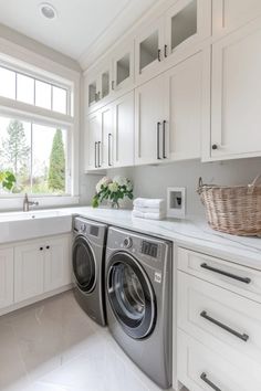 Bright, modern laundry room with front-loading washer and dryer, white cabinetry, and marble countertops. Laundry Room Layout Ideas, Pantry Laundry Room Combo, Laundry Room Dimensions, Laundry Room Layout, Laundry Room Decor Diy, Room Layout Ideas, Narrow Laundry Room, Laundry Makeover, Laundry Nook