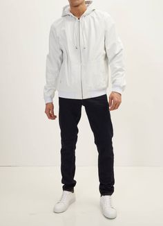 Men's Pure White Solid Casual Hooded Leather Sweatshirt, Men's White Leather Hoodie, Men's White Leather Jacket, Street Punk Leather Hoodie - from Power Knots.  Material Type : 100% Genuine/Real Soft Lambskin Leather.  Collar : Mandarin Style Stand Collar Pattern : Solid Fit : Tailored Fit Closure Type : Front Zipper Closure. Hemline : Straight Hemline. Sleeves Style : Long Sleeves. Number of Pockets : Inner Pockets : 1 Outer Pockets : 2 Side Welted Pockets. Color : Green  Lining Material : Inne Urban Hooded Leather Jacket With Pockets, Casual Hooded Leather Jacket With Pockets, Urban Hooded Leather Jacket For Streetwear, Casual Leather Jacket With Ribbed Cuffs, Long Sleeve Leather Jacket With Double-lined Hood For Streetwear, Hooded Leather Jacket With Adjustable Hood For Streetwear, Casual Leather Jacket With Adjustable Hood, Casual Hooded Leather Jacket For Spring, Casual Hooded Leather Jacket With Zipper