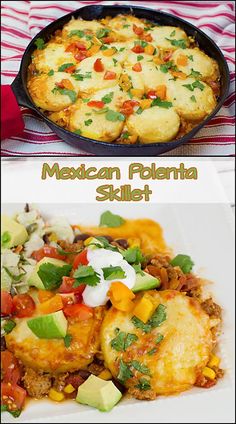 mexican paellana skillet is shown in two different pictures, one with meat and the other with vegetables