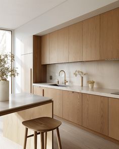 a kitchen with wooden cabinets and stools next to a counter top that has a plant on it