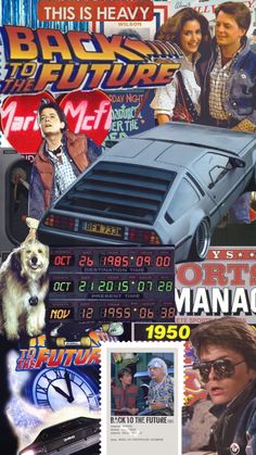 the back to the future movie poster is shown in this collage with photos and text