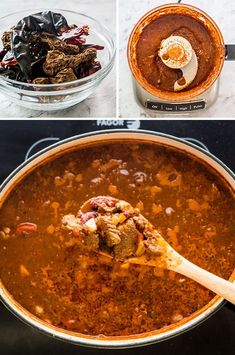 the steps to make this chili soup are shown