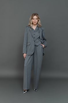 Gray Straight Pants, Women Pleated Trousers, Office Suit, Formal Wear, Wide Leg Pants, Three Piece Suit, Women Melange Palazzo ⭐Size: Please write your chest, waist, hips, height, and we will make a suit to your individual measurements! After you place your order, we may ask you for additional measurements. We do this to ensure that the suit fits you perfectly👌😊 ⭐Our fabric: We have used a premium quality suiting fabric.  ⭐Shipping: ✈️We have two shipping options that we can offer: Free Shippi Oversized Suit Women, Grey Blue Suit, Three Piece Suit Women's, Formal Pantsuit, Straight Pants Women, Woman In Suit, Formal Vest, Office Suit, Work Formal