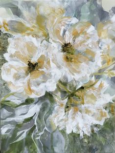 some white and yellow flowers on a gray background with watercolng effect in the foreground