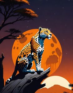 a cheetah sitting on top of a tree branch in front of a full moon