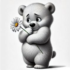 a white bear holding a flower in its paws