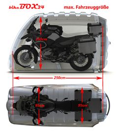 an image of a motorcycle in the back of a car with its door open and measurements