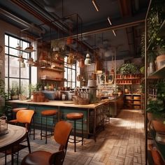 an industrial style kitchen and dining area with potted plants on the counter, wooden tables and chairs