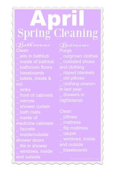 the spring cleaning checklist is shown in purple and white, with words above it