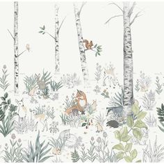 an image of a forest scene with animals and plants on it's wallpaper