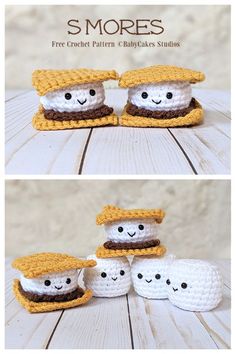 three crocheted marshmallows with faces on them and the words smores in