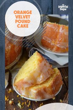 orange velvet pound cake on a plate with the words orange velvet pound cake above it