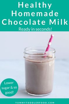 chocolate milkshake in a mason jar with text overlay reading healthy homemade chocolate milkshake