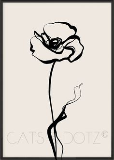 a black and white drawing of a flower on a light gray background with the words cats dotz below it