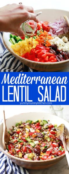 the ingredients for mediterranean lentil salad in a bowl and on a plate with a serving spoon