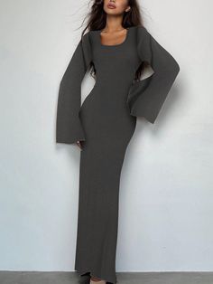 Women Casual Round Neck Bodycon Long Flare Sleeves Back Tie Elegant Daily Street Long Dress Dark Grey Casual,Elegant  Long Sleeve Fabric Plain Fitted Medium Stretch  Women Clothing, size features are:Bust: ,Length: ,Sleeve Length: Dark Grey Dress Formal, Long Everyday Dress, Long Bodycon Dress Outfit Winter, Long Bodycon Dress Outfit, Full Sleeve Long Dress, Grey Dress Outfit, Gray Formal Dress, Grey Long Dress, Formal Dresses Graduation