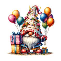 a santa clause with balloons and presents in front of him is wearing a birthday hat