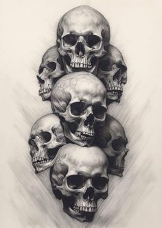 a drawing of five skulls stacked on top of each other