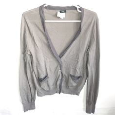 Color - Silver / Size - L 100% Cotton Decoration - 100% Silk Gray Cotton Cardigan For Work, Spring Crew Neck Cardigan With Pockets, Gray Cotton Cardigan For Layering, Cotton Decorations, J Crew, Sweaters & Cardigans, The 100, Sweaters For Women, Silk