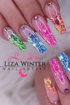 Rainbow Nails Design, Colorful Nail, Nails Glitter, Nail Products, Nail Envy, Nails 2020, Nail Swag, Summer Acrylic Nails