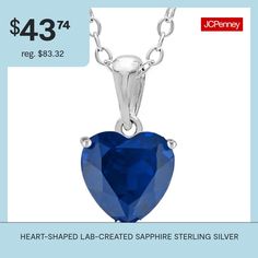 Put your heart on display with this pretty lab-created sapphire pendant necklace set in polished sterling silver.Metal: Rhodium-plated sterling silverStone: 6mm heart-shaped lab-created sapphireSetting: ProngClosure: Spring-ringDimensions: 18" long cable chainPendant Size: 6x14mm longGemstones may be treated and may require special care.Jewelry photos are enlarged to show detail. Anniversary Sapphire Heart Pendant Necklace, Elegant Sapphire Heart Pendant Necklace, Sapphire Sterling Silver Heart Pendant Necklace, Sapphire Heart Pendant Necklaces For Valentine's Day, Sapphire Gemstone Heart Pendant Necklace, Sapphire Necklace Pendants, Sapphire Pendant, Sterling Silver Necklace Pendants, Rhodium Plated