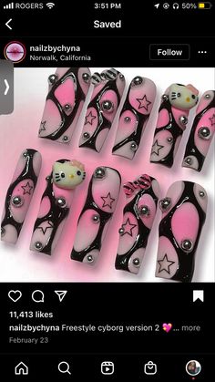 2000s Inspired Nails, Monster High Nails, Kuromi Nails, Sanrio Nails, Bunny Nails, Catty Noir, Hard Nails, Diy Acrylic Nails