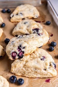 blueberry scones sitting on top of a cookie sheet