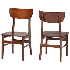 two wooden chairs sitting side by side on a white background and one has a brown leather seat