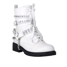 These vibrant and stylish boots will let you enter the world with style. These privileged boots, which are made of vegan leather and adorned with chains and studs, will stand out and provide an edgy edge to any ensemble. They are the ideal choice to transition your outfits from day to night, with an ankle buckle closure for a snug fit and a 1.5"H heel. These fashionable boots are ideal for wearing with jeans or skirts and are sure to draw attention. With these shoes, you'll undoubtedly feel pamp Spring Streetwear Round Toe Heels, Trendy Spring Heels With Lug Sole, Trendy Lug Sole Heels For Spring, Trendy Summer Faux Leather Boots, Leather Heels For Streetwear, Trendy Faux Leather Boots, Trendy Ankle-high Heels With Lug Sole, Trendy Winter Lace-up Heels, Trendy Synthetic Summer Boots