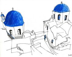 a drawing of two blue domes on top of buildings with stairs leading up to them