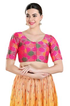 Buy Women's Pink Jacquard Readymade Saree Blouse Online Party Brocade Top With Padded Blouse, Elegant Fitted Jacquard Blouse, Party Brocade Blouse With Self Design, Brocade Padded Blouse For Party, Padded Brocade Party Blouse, Pink Self-design Top For Party, Readymade Saree, Jacquard Pattern, Self Design