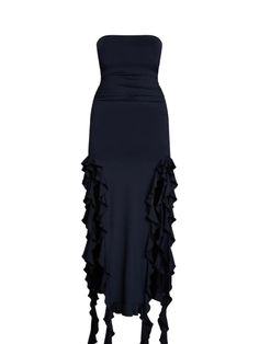 Be fun + stylishly elegant in our Lisa Strapless Ruffle Dress! With a strapless fit, asymmetric ruffle skirt, and figure-hugging bodycon fit, this good-girl dress will have you feeling flirty and ready for date night! Date smarter, not harder with our Date Night Collection! Lisa Strapless Ruffle Dress in Black Elegant Fitted Maxi Dress With Ruffles For Dinner, Fitted Ruffled Maxi Dress For Dinner, Elegant Stretch Maxi Dress With Asymmetrical Hem, Strapless Ruffle Dress, Summer Bodycon Dress, Strapless Midi Dress, Irregular Hem, Asymmetrical Skirt, Black Bodycon Dress