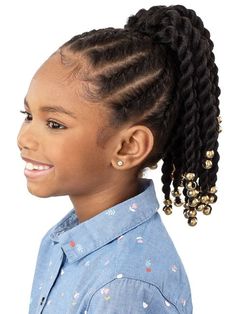 Lil Looks BEADED TWISTS Ponytail. Perfect Lil Lengths & Lil Sizes. Approximately 12"-14" natural yaki curly pre-braided hair. Color shown 1B,2T1/30. Manufactured by Outre. Easy Black Braided Hairstyles, Beaded Hairstyles For Kids, Hairstyles For Kids Black Natural, Beaded Twists, Kids Back To School Hairstyles Black, Kids Braided Hairstyles Natural Hair, Cute Hairstyles For Natural Hair, Rubber Band Hairstyles For Kids, Kids Cornrow Hairstyles Natural Hair