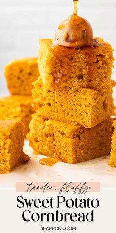 sweet potato cornbread is stacked on top of each other