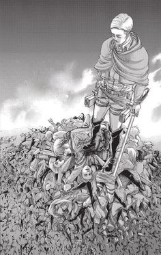 a black and white drawing of a man standing on top of a pile of rocks