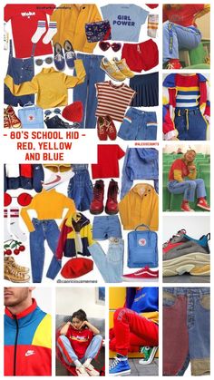 Red Yellow Blue Aesthetic Outfit, Blue Yellow Outfit Aesthetic, Retro Color Outfit, Primary Colours Outfit, Primary Colors Clothes, 90s Colourful Outfit, Group Outfit Ideas Color Schemes, Primary Colour Outfits, Primary Colors Fashion