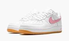 The Nike Air Force 1 Low “Since ‘82 - Pink/Gum” is a clean and classic look for the retro basketball shoe that draws inspiration from the “Color of the Month” series from 1984.  The collection we’re referring to was created by Baltimore sneaker shops back in the day to help save the Air Force 1 from becoming obscure in the years following its days as a performance basketball shoe.  The “Pink/Gum” style features a white leather construction with a contrasting pink leather Swoosh.  The pink “Nike Pink Nike Air Force 1 Casual Lace-up, Pink Nike Air Force 1 Low-top With Gum Sole, Pink Nike Air Force 1 Low-top For Sports, Pink Lace-up Nike Air Force 1, Pink Nike Air Force 1 With Synthetic Material, Retro Basketball Shoes, Pink Nikes, Air Force 1 Low, Call Backs