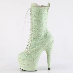 7" High Heel, 2 3/4" Platform Glitter Lace Up Ankle Boots. Inner Side Zipper Closure. Styles: Dance Clubbing Festival Dancer Mint Green Roda-1040gr Green High Ankle Party Boots, Fitted Round Toe Heels With Sequins, Glitter Ankle-high Party Boots, Party Glitter Ankle-high Boots, High Heel Boots With Glitter Accents For Party Season, Green Platform Party Boots, Fitted High Heel Sequin Boots, Sequined High Heel Fitted Boots, Party Lace-up Fitted Platform Boots