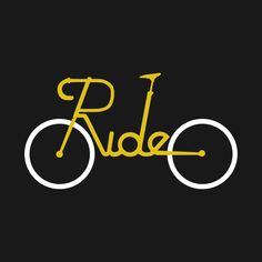 the word ride written in yellow and white on a black background with an image of a bicycle