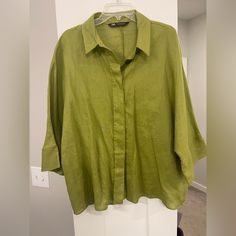 Never Worn This Shirt, Perfect Condition. Has Baggy Sleeves Oversized Linen Blouse With Button Closure, Zara Green Collared Blouse, Green Collared Zara Blouse, Zara Green Blouse With Buttons, Oversized Green Blouse With Buttons, Oversized Linen Top With Button Closure, Zara Linen Tops For Fall, Green Collared Linen Blouse, Green Linen Collared Blouse