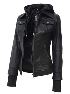 Tralee Black Womens Hooded Leather Jacket – Decrum Luxury Black Biker Jacket For Work, Luxury Hooded Biker Jacket In Casual Style, Luxury Fitted Hooded Biker Jacket, Elegant Luxury Biker Jacket With Zipper Closure, Luxury Biker Jacket With Padded Collar For Biker Events, Luxury Biker Jacket With Zipper Closure For Biker Events, Luxury Rock Style Biker Jacket For Winter, Luxury Black Biker Jacket With Zipper Closure, Luxury Black Biker Jacket With Multiple Pockets