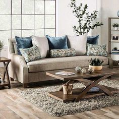 Catarina Beige & Teal Stationary Sofa & Loveseat 2pc - Ornate Home Single Cushion Sofa, Transitional Sofa, Relaxed Lifestyle, Oversized Pillows, Bolster Pillows, Dining Table Sale, Beige Living Rooms, Bench Seat Cushion, Beige Sofa