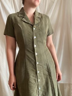 "I love the green colour of this shirt dress in a super soft modal fabric with shell buttons as a subtle detail.  This is a true button up front dress with side ties to flatter it to your waist. Measurements: (waist not tied)  Waist: 36\" Bust: 44\" Length: 43.5\"" Short Button Up Dress, Spring Sewing, Open Dress, Buttoned Dress, Vintage Shirt Dress, Dream Outfits, Modal Fabric, Plain Dress, Darling Dress