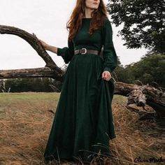 Olivia Mark - Solid-colored Long-sleeved Midi Dress with Round Neckline Gaun Abad Pertengahan, Long Sleeve Cotton Dress, Backless Bodycon Dresses, Mid Length Dress, Retro Pin Up, Woman Wine, Fantasy Gowns, Medieval Dress, Vintage Long Sleeve