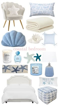 a collage of blue and white items including a bed, chair, blanket, pillows